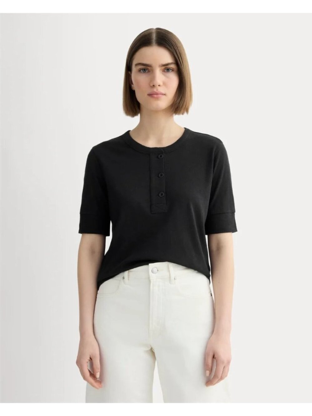 Everlane The Henley In Cotton Linen Black Short Sleeve Top Coastal Breathable XS - Picture 2 of 9